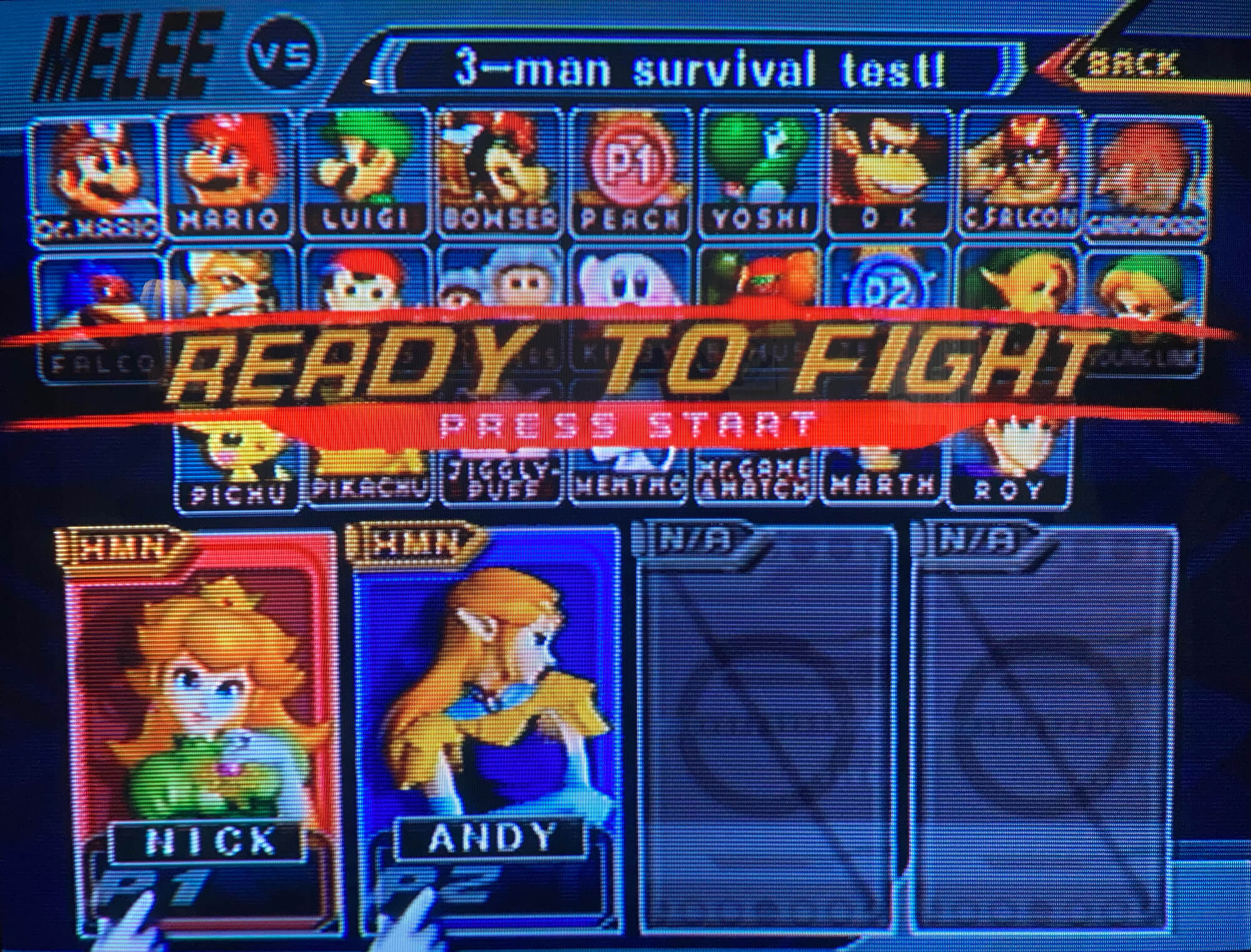 A photo of my CRT displaying the Super Smash Bros. Melee character selection screen.