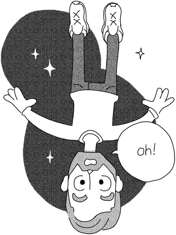 Black and white cartoon of Nick falling in some ethereal abyss and saying 'oh!'