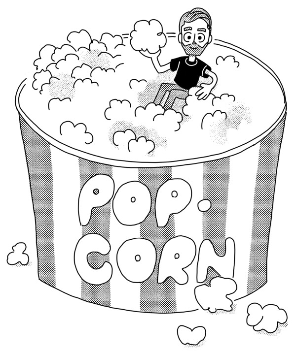 Illustration of Nick lounging in a bowl of an enormous popcorn